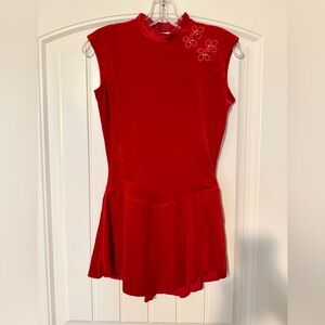 Vintage 90s Capezio Red Sleeveless Rhinestone Floral Velvet Dance Dress
